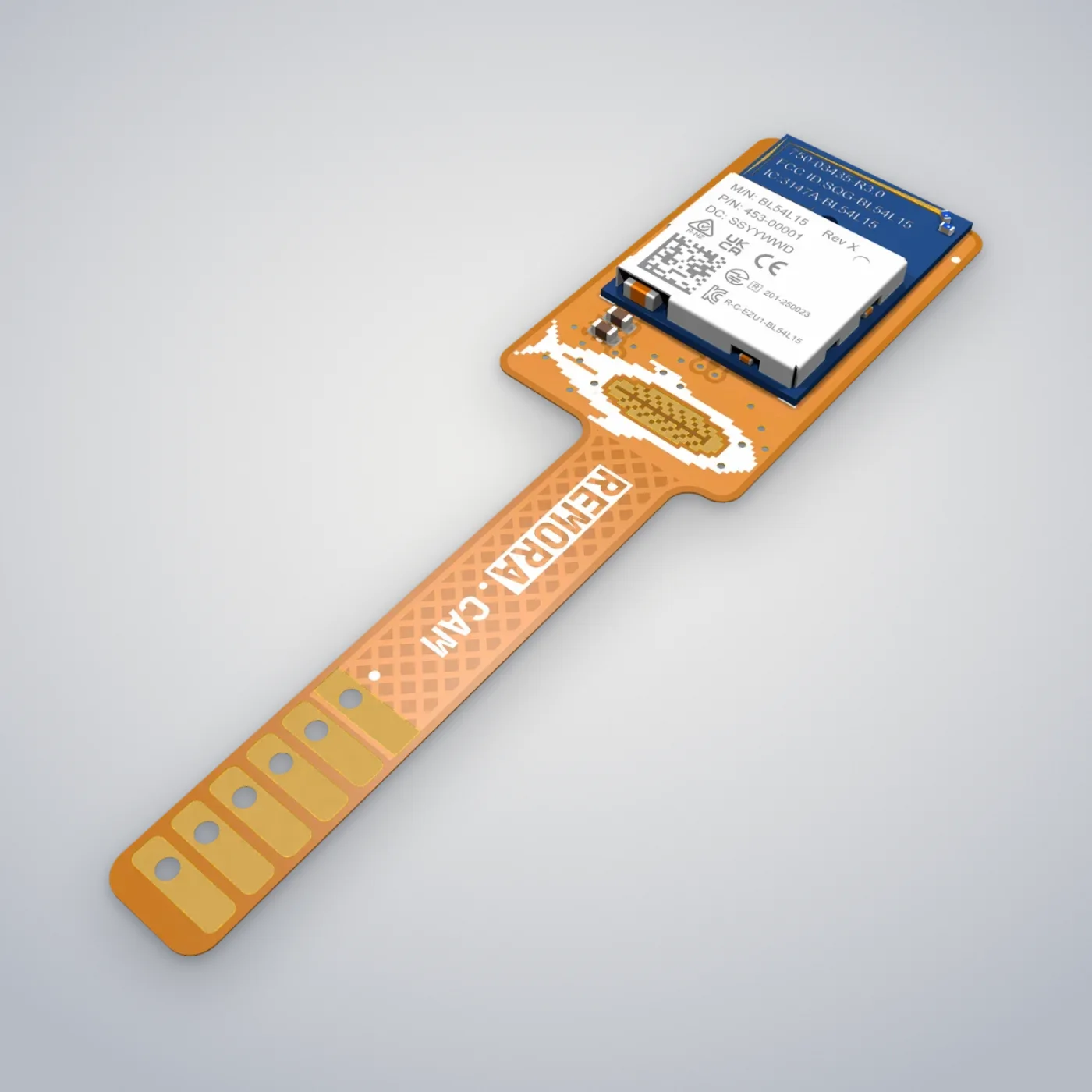Remora Flex, angled view of the top: radio module, remora logo and the long tail with six gold pads
