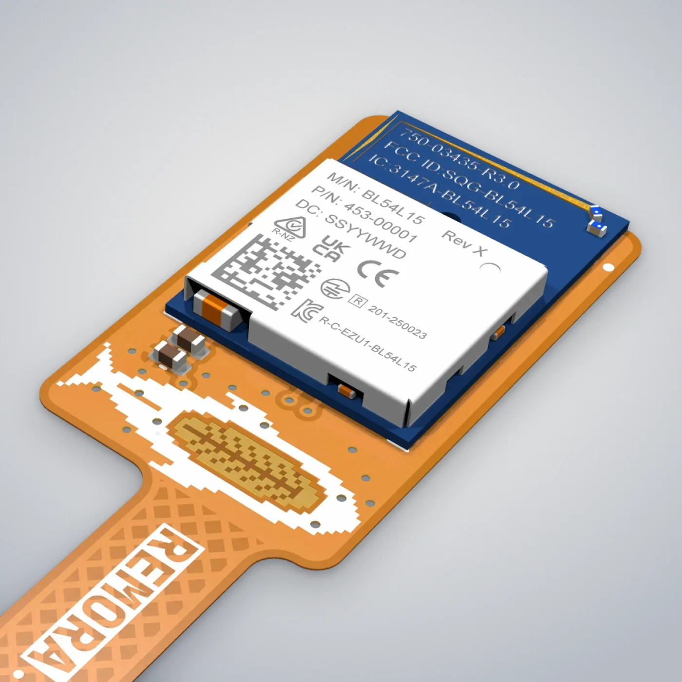 Close-up of the radio module and the pixel-art remora logo